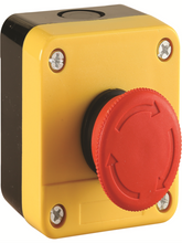 Mushroom push button in red box, lockable, 1NO+1NC